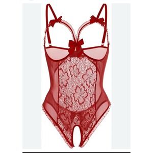 Sexy Women's LG Red Lace Lingerie Open Cup One Piece Babydoll Bodysuit Teddy